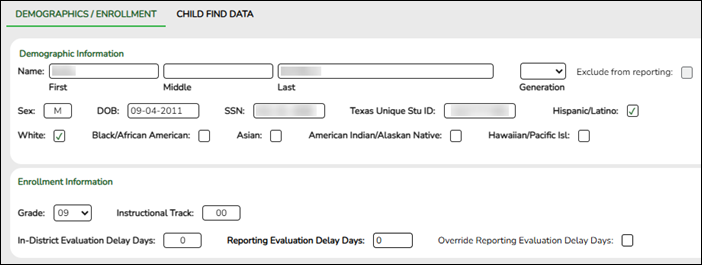 Sample image of the SPPI-11 Demographic/Enrollment tab