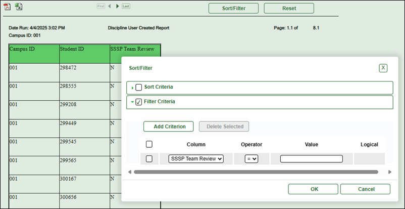 Created Discipline Report showing sort filter options