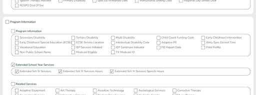 Recommended Fields for Extended School Year Services