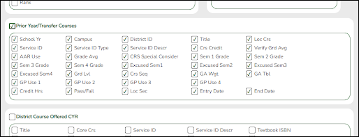 Create Grade Reporting Report - Prior Year/Transfer Courses