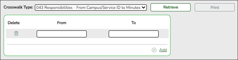 Grade Reporting Crosswalk Type 043 Responsibilities - From Campus/Service ID to Minutes page
