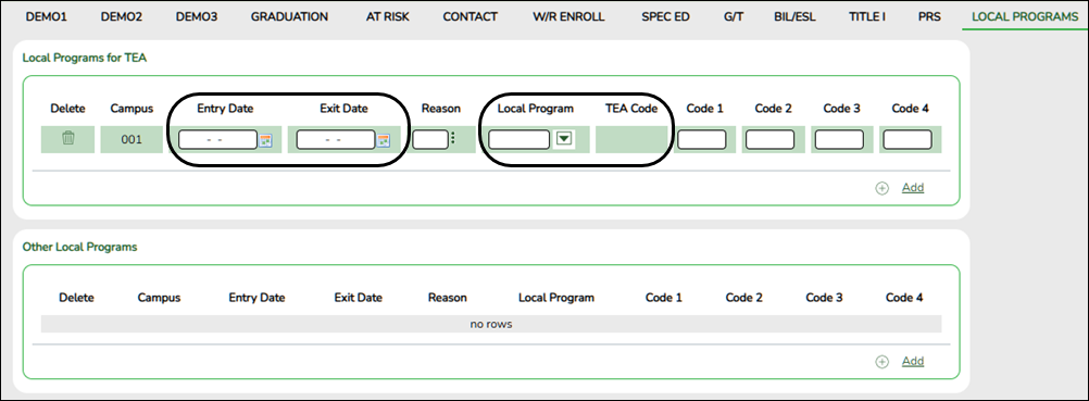 Registration Local Programs page