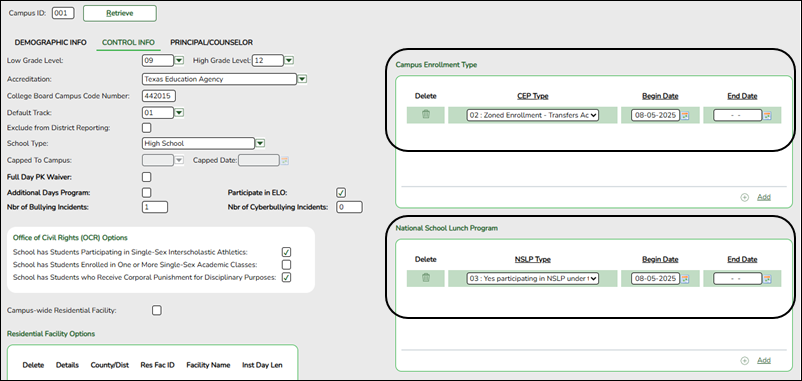 Registration Control Info tab