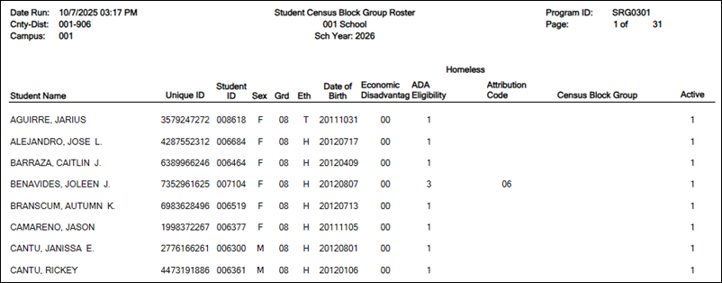 SRG0301 – Student Census Block Group Roster report