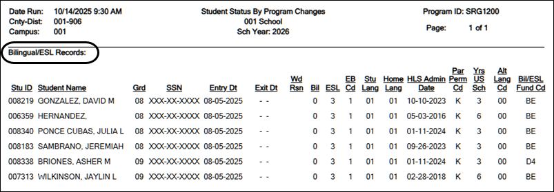 SRG1200 - Student Status Changes by Program report bil esl