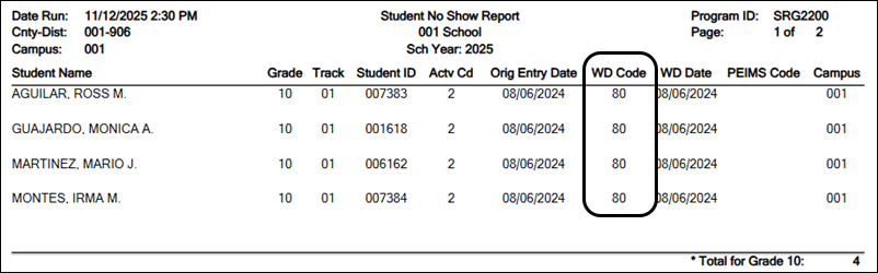 Registration SRG2200 - Student No Show Report
