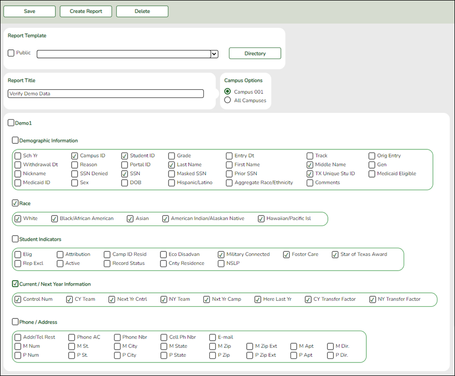 Create Registration Report page with Demo1 fields highlighted