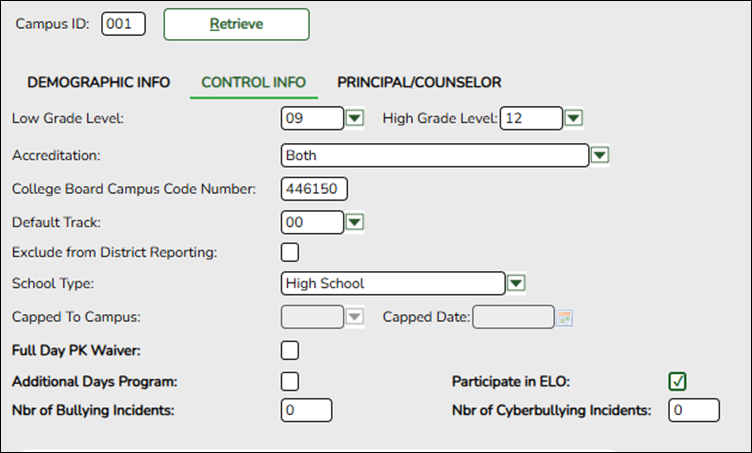 Registration Campus Profile, Campus Info Maintenance tab