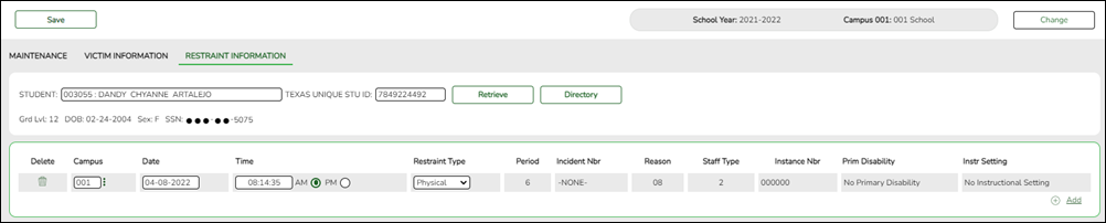 Restraint Information tab with RestraintEventExtension elements highlighted