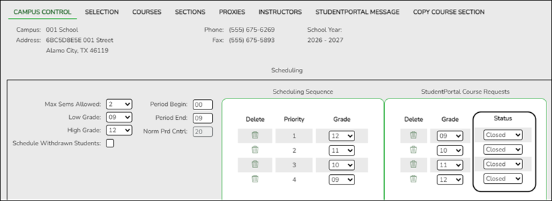 Scheduling > Maintenance > Master Schedule > Campus Control Options showing StudentPortal disabled