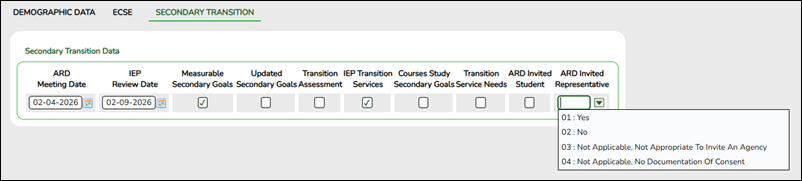 Spec Ed Secondary Transition tab