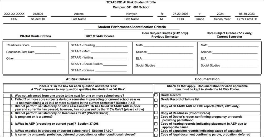 SRG1600 report with At Risk criteria highlighted