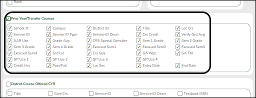 Create Grade Reporting Report - Prior Year/Transfer Courses