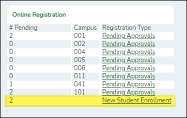 Dashboard showing New Student Enrollment