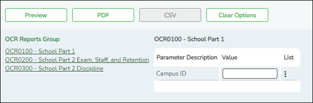 Report parameter page showing Select Campus
