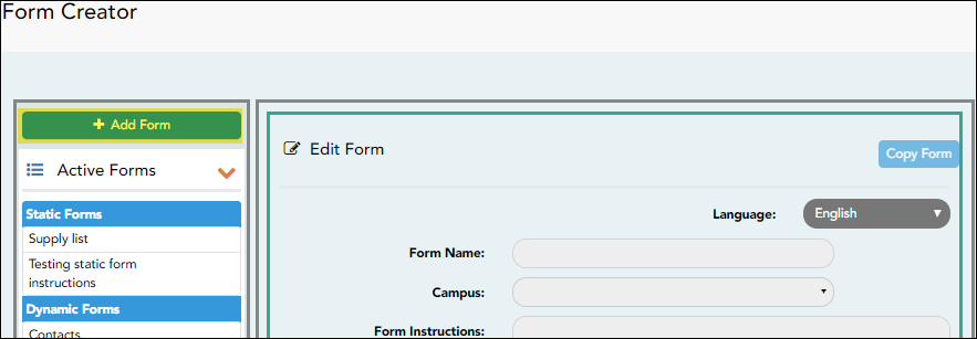 Snippet of Form Creator page with Add new Form button highlighted