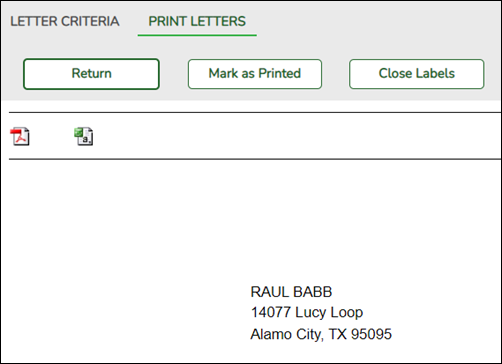 Print Letters tab with Preview Labels report displayed