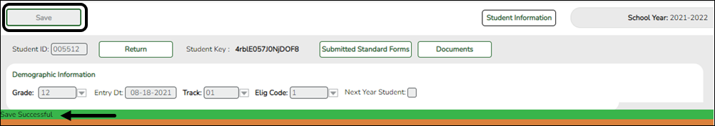 snippet for student enrollment page with Save Successful message displayed