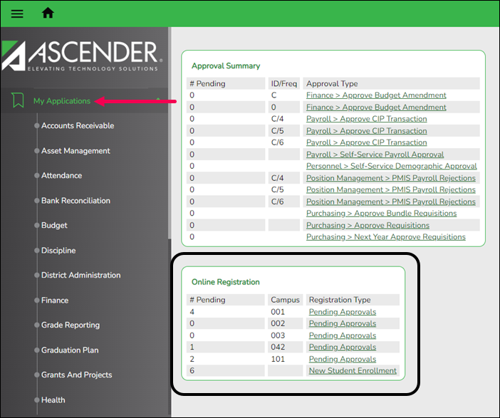 ASCENDER landing page with number of students with pending data updates