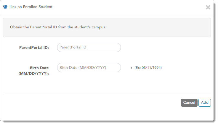 Link and Enrolled Student pop-up window