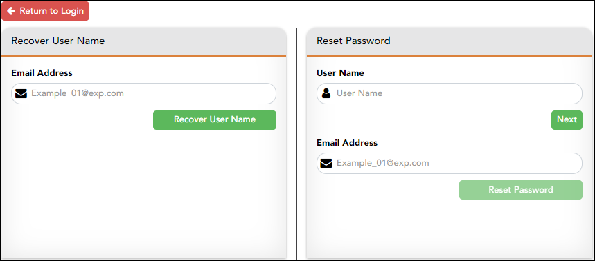 Retrieve User Name/Reset Password page
