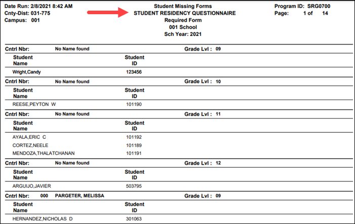 SRG0700 - Student Missing Forms run for a specific form
