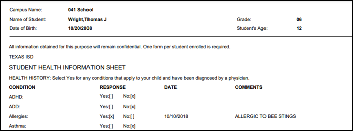 SRG0710 - Student Health Form snippet