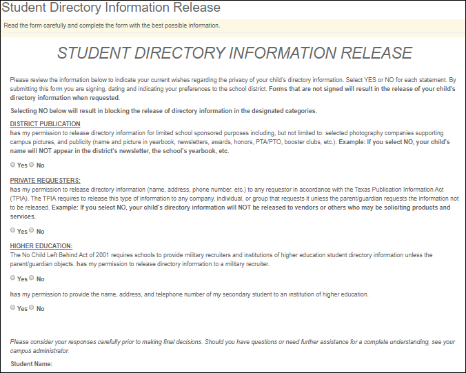 Standard Form - Student Directory Information Release