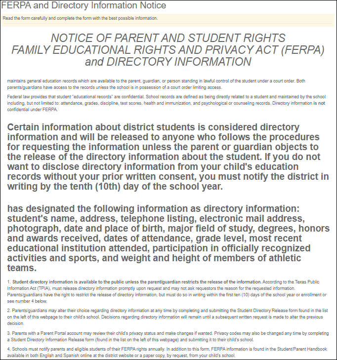 Standard Form - Notice of Parent and Student Rights Family Educational Rights and Privacy Act (FERPA) and Directory Information