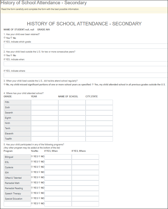 Standard Form - History of School Attendance - Secondary