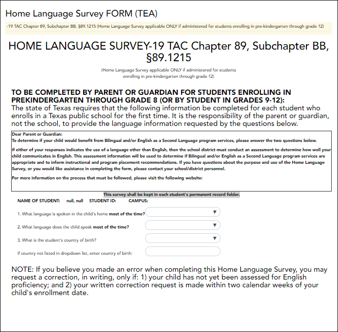 Standard Form - Home Language Survey