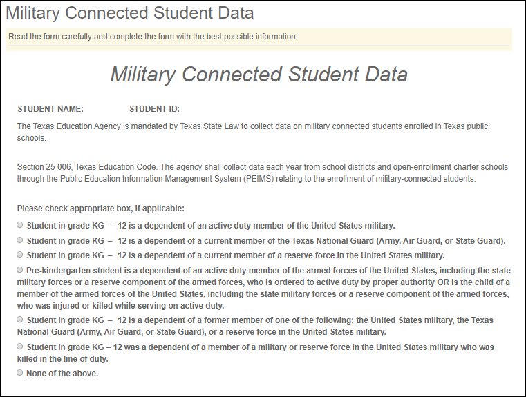 Standard Form - Military Connected Student Data