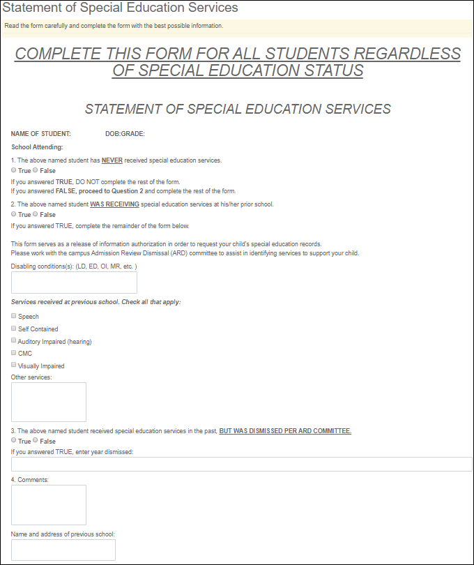 Standard Form - Statement of Special Education Services