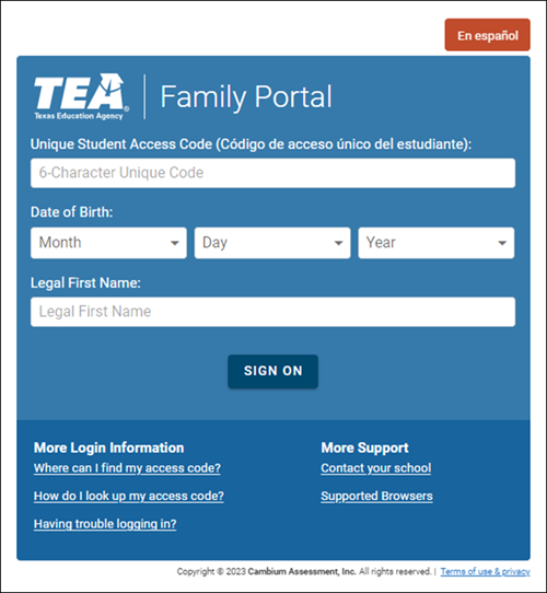 Family Portal login page