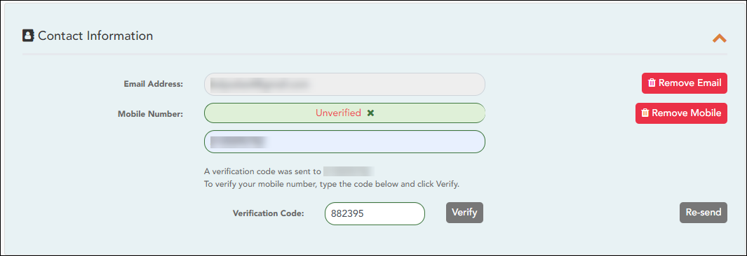 Contact Information section with Verification Code field visible