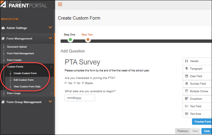Custom Form Creator page