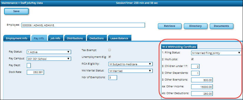 Pay Info Tab With New W-4 Withholding Certificate Section