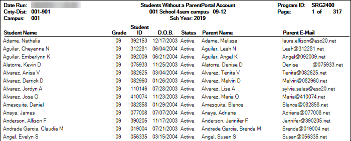 SRG2400 - Students Without a Parent Portal Account Report