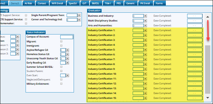snippet of Demo3 tab with Industrial Certification fields highlighted