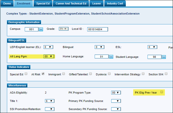 snippet of Enrollment tab with new fields highlighted