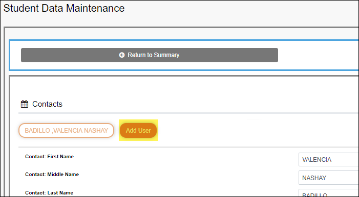snippet of Student Data Maintenance page with Add User button highlighted