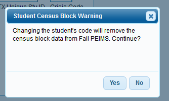 Pop-up window stating that changing fields will remove census block data