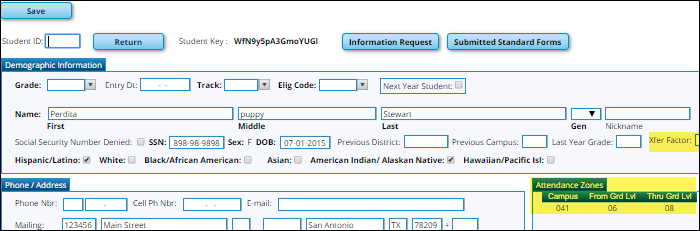 Register Student page with new fields highlighted