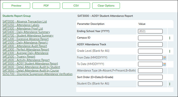 SAT3000 ADSY Student Attendance Report Parameters screen