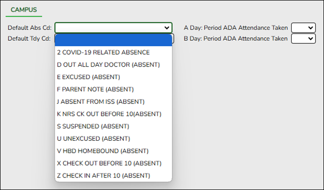 Attendance Campus Options page showing dropdown menu without RA option