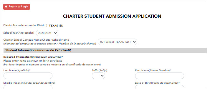 Charter Student Admission Application
