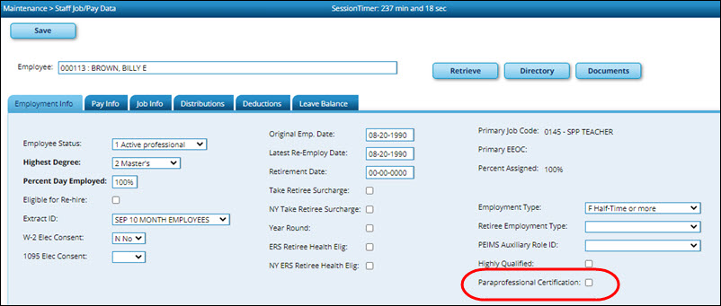 Employment Info Tab With New Paraprofessional Certification Check Box