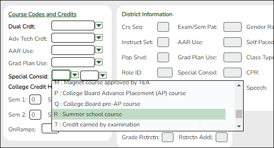 Screenshot showing drop-down menu for the Special Consid field with the R code option.