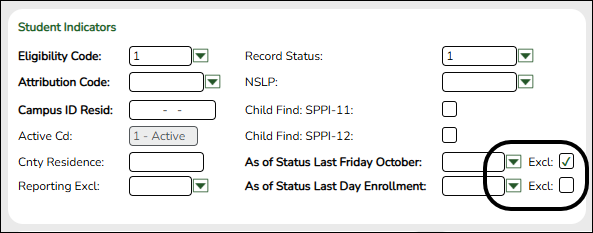 Student Indicator box with new checkboxes to the right of As of status fields.