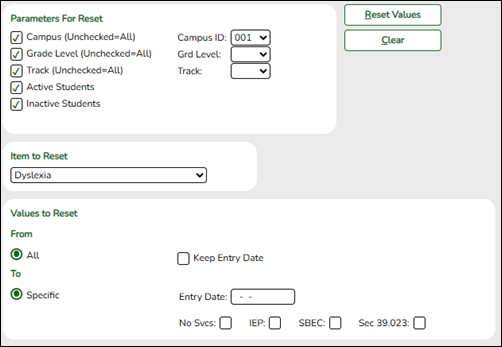 Registration Reset Values page with showing Dyslexia Selection